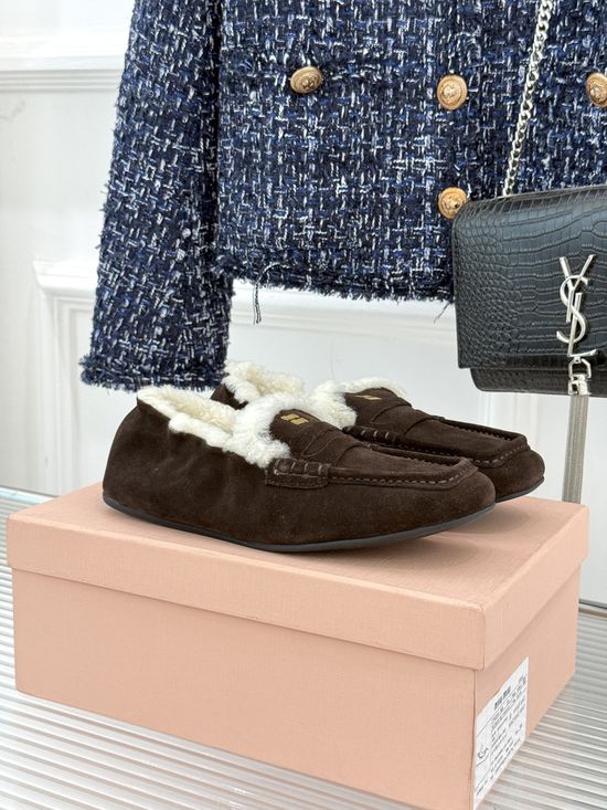 Miu Miu Furry Leather Loafers Warm Soft Daily Comfortable Casual Shoes