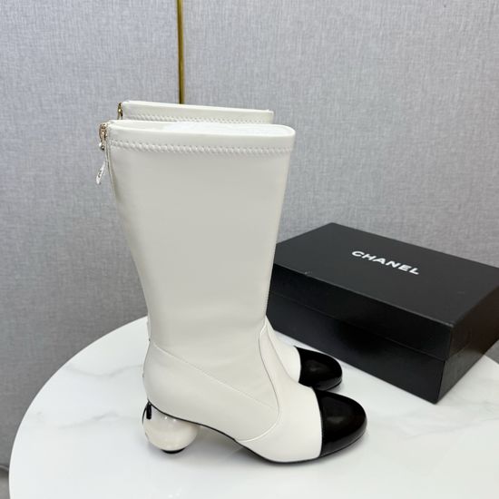 Chanel Pearl Heel Stretchy Knee High Boots Elegant Fashion Footwear