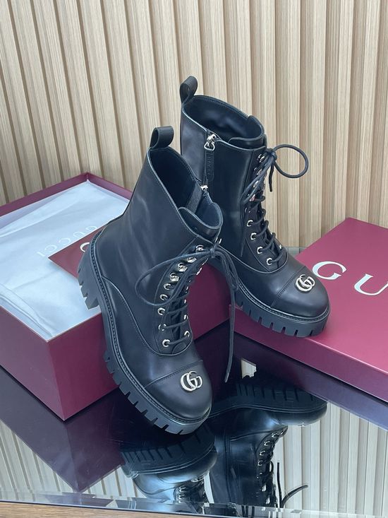 Gucci Decorative Buckle Leather Lace-Up Platform Ankle Boots Non-slip