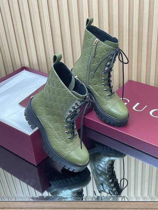 Gucci Embossed Leather Lace-Up Platform Ankle Boots Non-slip Sole