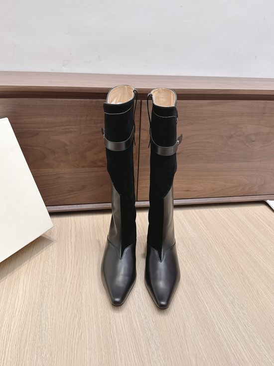 Orinous Square Toe Buckle Strap Suede Leather Tall Boots