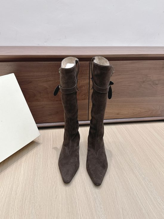 Orinous Square Toe Buckle Strap Suede Leather Tall Boots
