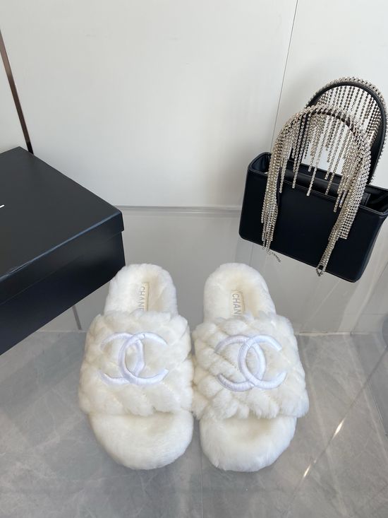 Chanel Embroidered Wool Slippers Non-slip Warm Comfortable House Shoes