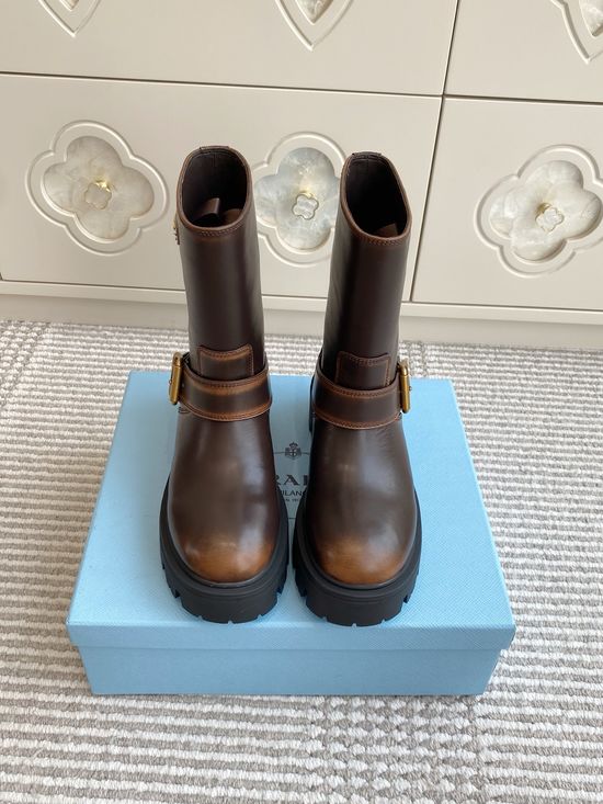 Prada Leather Biker Ankle Boots with Buckle and Rubber Sole
