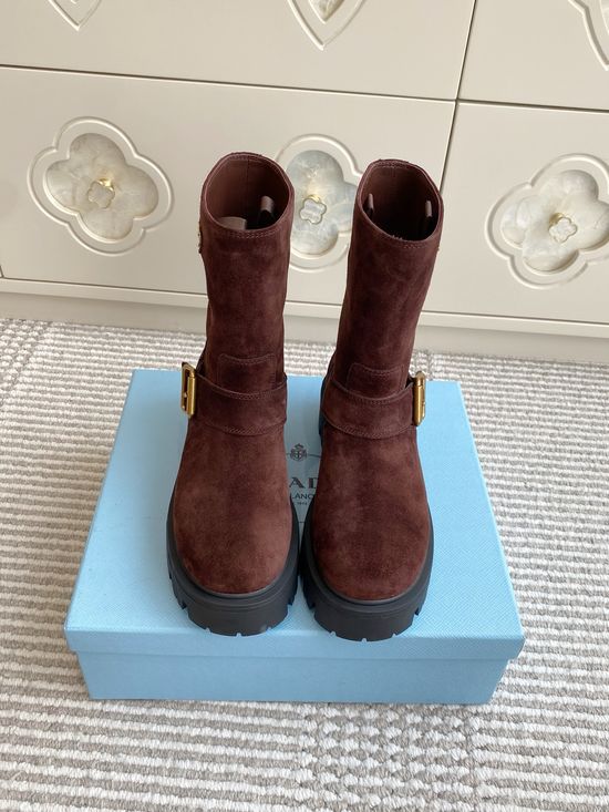 Prada Leather Biker Ankle Boots with Buckle and Rubber Sole