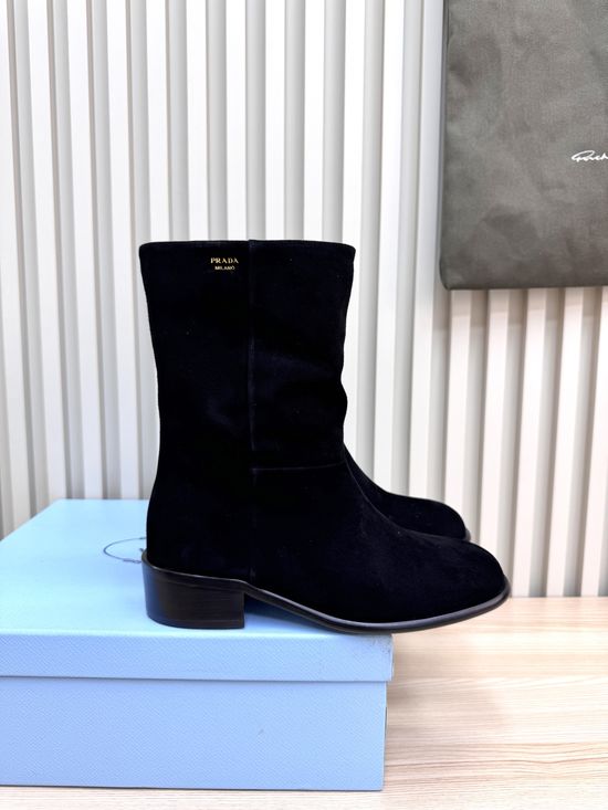 Prada Embossed Logo Leather Mid Calf Boots Comfortable Sole