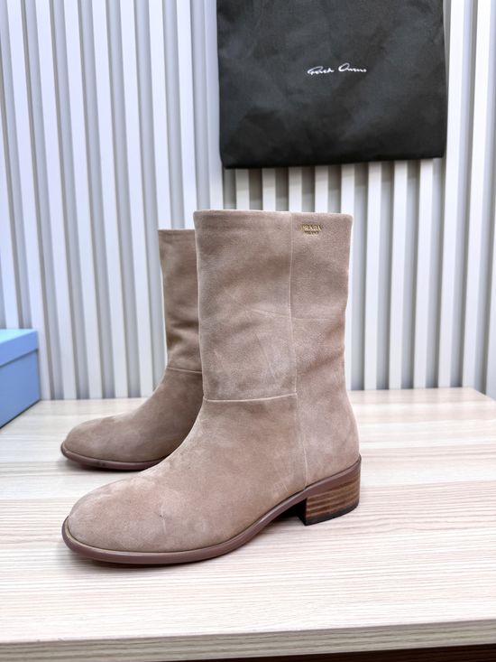 Prada Embossed Logo Leather Mid Calf Boots Comfortable Sole
