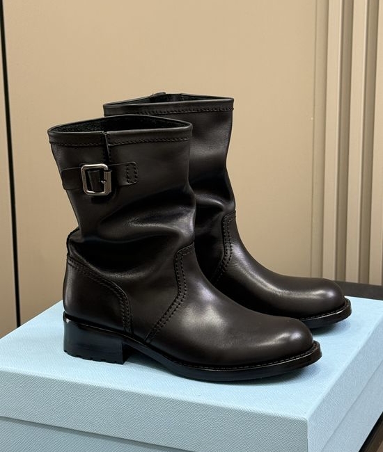 Prada Ruched Cowhide Ankle Boots With Durable Sole