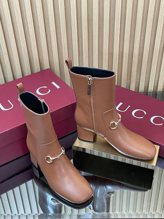 Gucci Horsebit Decor Leather Ankle Boots Square Toe Block Heel