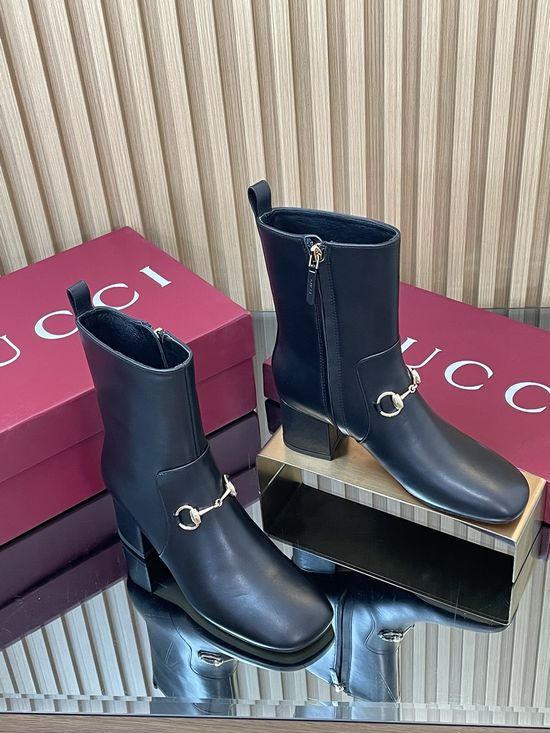 Gucci Horsebit Decor Leather Ankle Boots Square Toe Block Heel