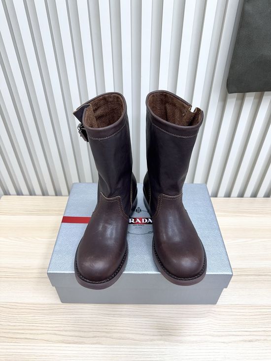 Prada Genuine Leather Riding Boots With Non-slip Sole