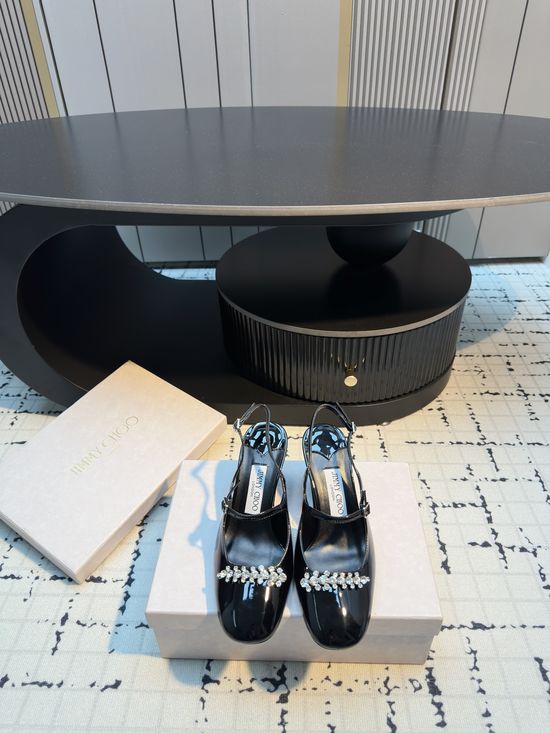 Jimmy Choo Rhinestone Chunky Heel Sandals Genuine Leather Sole