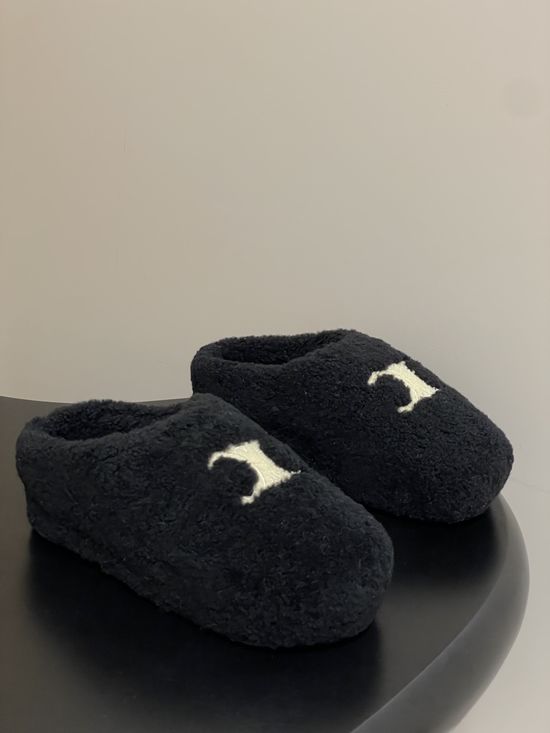 Celine Wool Upper Fleece Lined Platform Mule Slippers