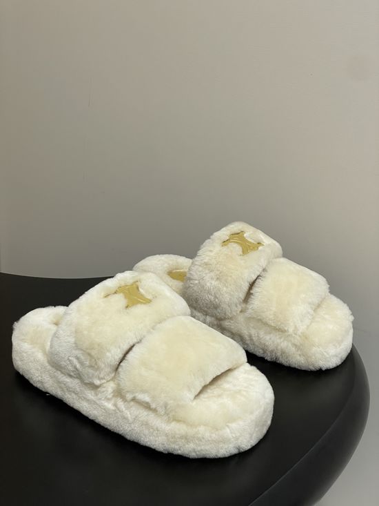 Celine Thick-Soled Wool Slip-On Slippers with Durable Rubber Base