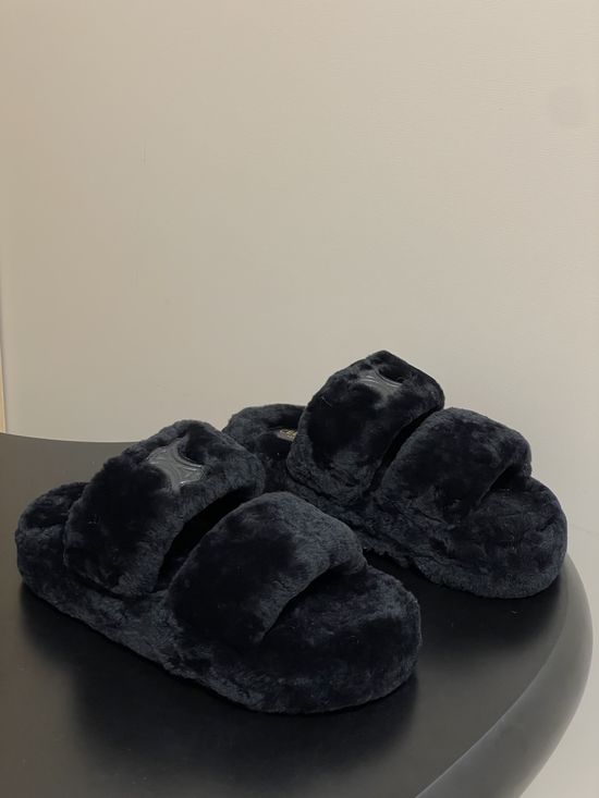 Celine Thick-Soled Wool Slip-On Slippers with Durable Rubber Base