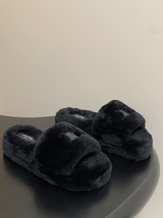 Celine Thick-Soled Wool Slip-On Slippers with Durable Rubber Base
