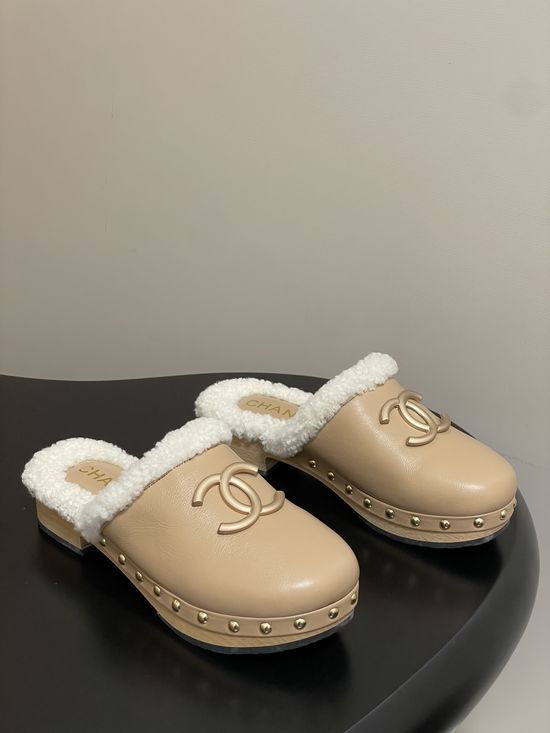 Chanel Leather Upper Wool Lined Platform Clog Slippers