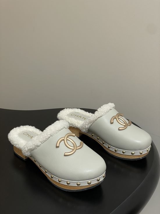 Chanel Leather Upper Wool Lined Platform Clog Slippers