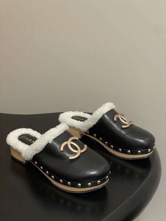 Chanel Leather Upper Wool Lined Platform Clog Slippers