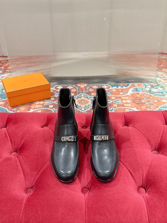 Hermes Retro Flat Ankle Boots With Metal Buckle Detail