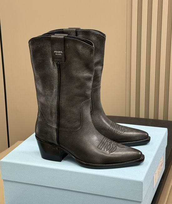 Prada Vintage Style Leather Western Boots Durable Casual Footwear