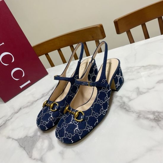 Gucci Rhinestone Denim Mid Heel Pumps with Horsebit