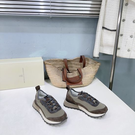 Brunello Cucinelli Suede Leather Beaded Chain Comfort Casual Sneakers