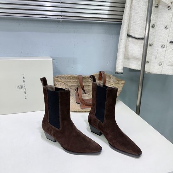 Brunello Cucinelli Genuine Leather Chunky Heel Elastic Chelsea Ankle Boots