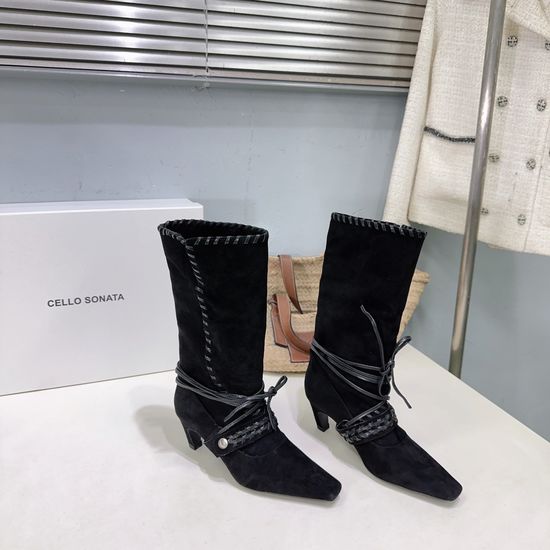 Celine Vintage Suede Woven Square Toe Mid Calf Boots