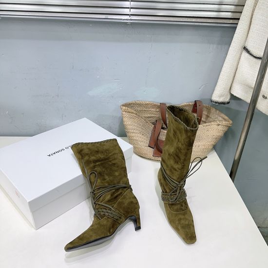 Celine Vintage Suede Woven Square Toe Mid Calf Boots