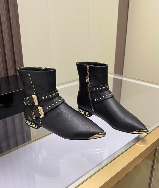 Versace Metal Accent Flat Leather Ankle Boots