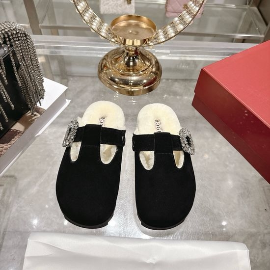 Roger Viver RV Rhinestone Buckle Wool Lined Mule Slippers Non-slip Platform Shoes