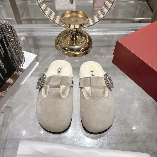 Roger Viver RV Rhinestone Buckle Wool Lined Mule Slippers Non-slip Platform Shoes