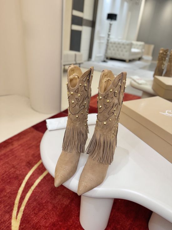 Christian Louboutine Fringe Decor Embroidered Stiletto Cowboy Boots Handcrafted
