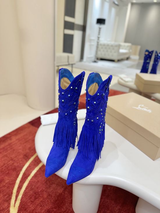 Christian Louboutine Fringe Decor Embroidered Stiletto Cowboy Boots Handcrafted