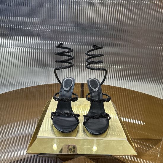 Rene Caovilla Cross Strappy Rhinestone High Heel Slide Sandals