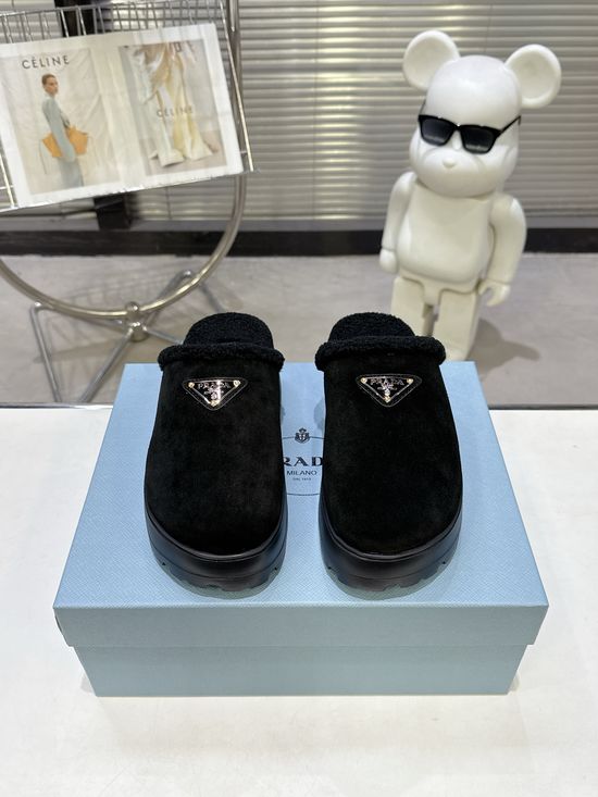 Prada Warm Plush Lined Slippers Lightweight Soft Anti Slip Sole