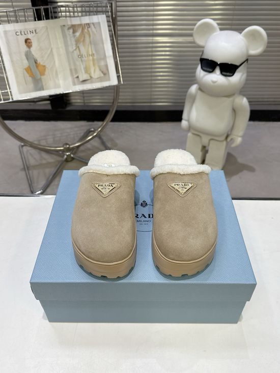 Prada Warm Plush Lined Slippers Lightweight Soft Anti Slip Sole