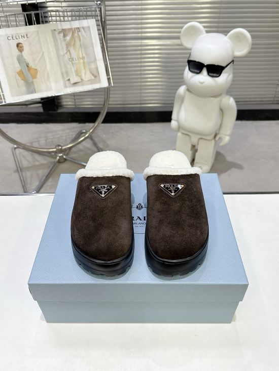 Prada Warm Plush Lined Slippers Lightweight Soft Anti Slip Sole