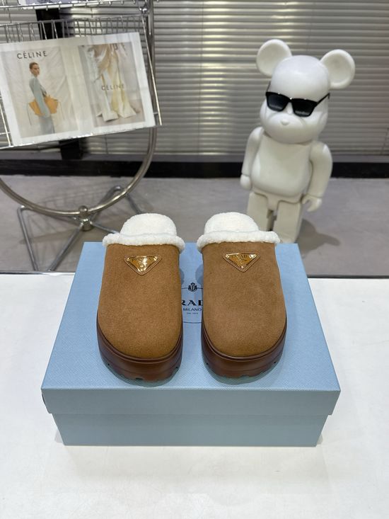 Prada Warm Plush Lined Slippers Lightweight Soft Anti Slip Sole