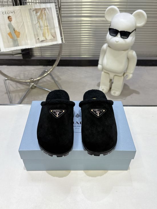 Prada Soft Suede Wool Lined Slip-On Clog Slippers