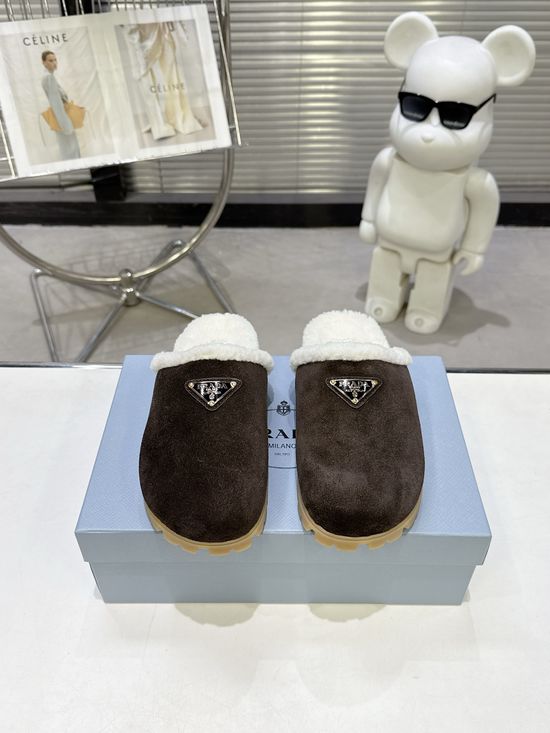 Prada Soft Suede Wool Lined Slip-On Clog Slippers