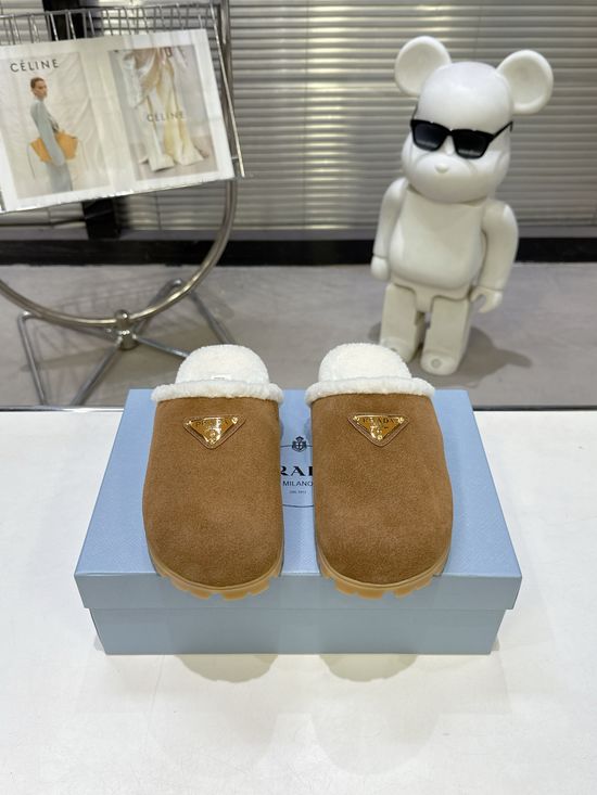 Prada Soft Suede Wool Lined Slip-On Clog Slippers