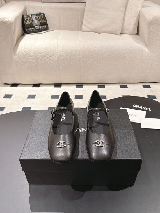 Chanel Rhinestone Buckle Square Toe Leather Mary Jane Flats