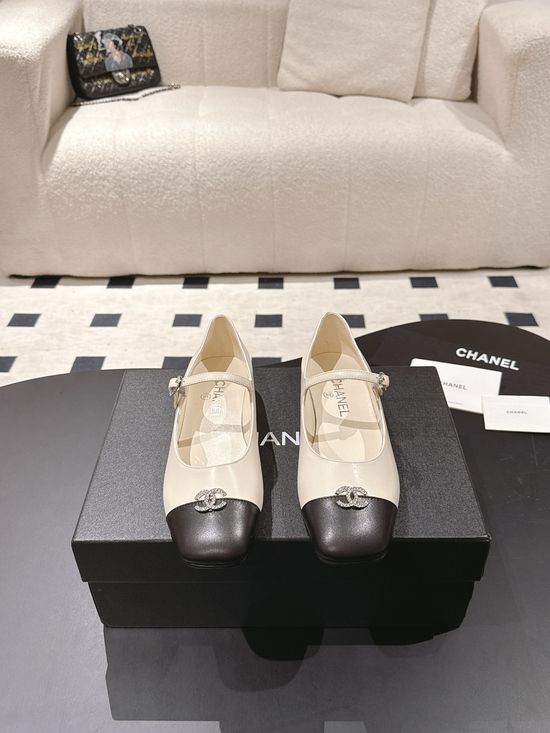 Chanel Rhinestone Buckle Square Toe Leather Mary Jane Flats