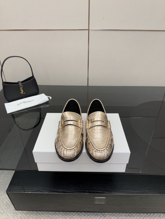 Yves Saint Laurent Classic Small Logo Loafer Shoes Almond Toe Leather Footwear