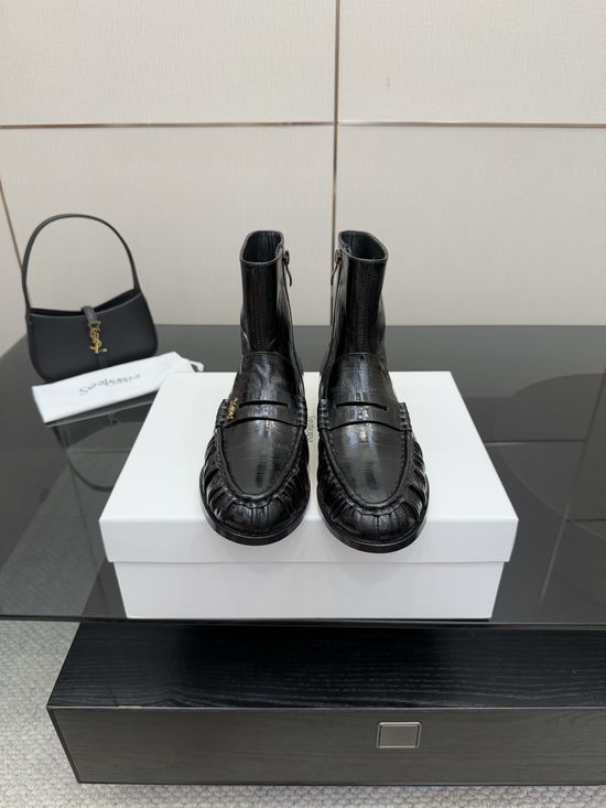 Yves Saint Laurent Small Logo Leather Loafers Almond Toe Formal Casual Shoes