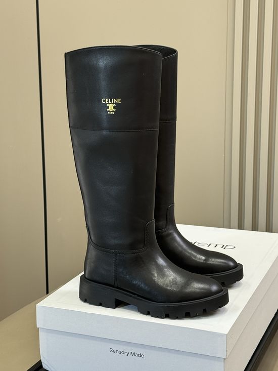 Celine Classic Embossed Logo Low Heel Knee High Boots