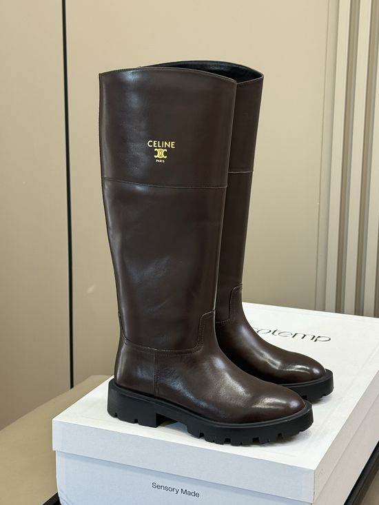 Celine Classic Embossed Logo Low Heel Knee High Boots