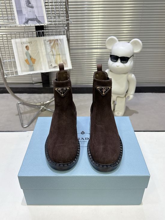 Prada Retro Thick Sole Leather Combat Boots Comfortable Lining
